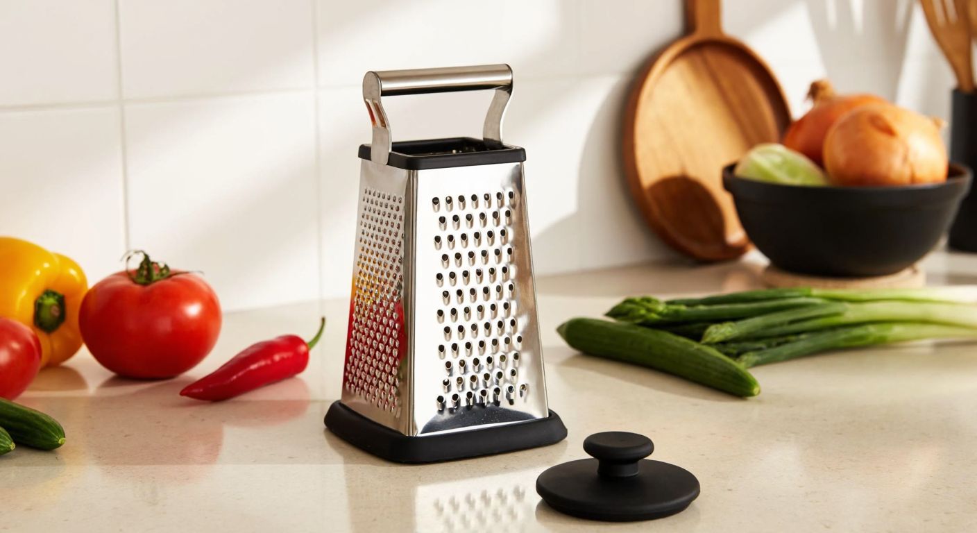 A gleaming stainless steel grater with a sleek black silicone base sits on a sunlit kitchen counter in Turkey, surrounded by fresh vegetables and a traditional ceramic bowl, evoking a sense of quality and home cooking.
