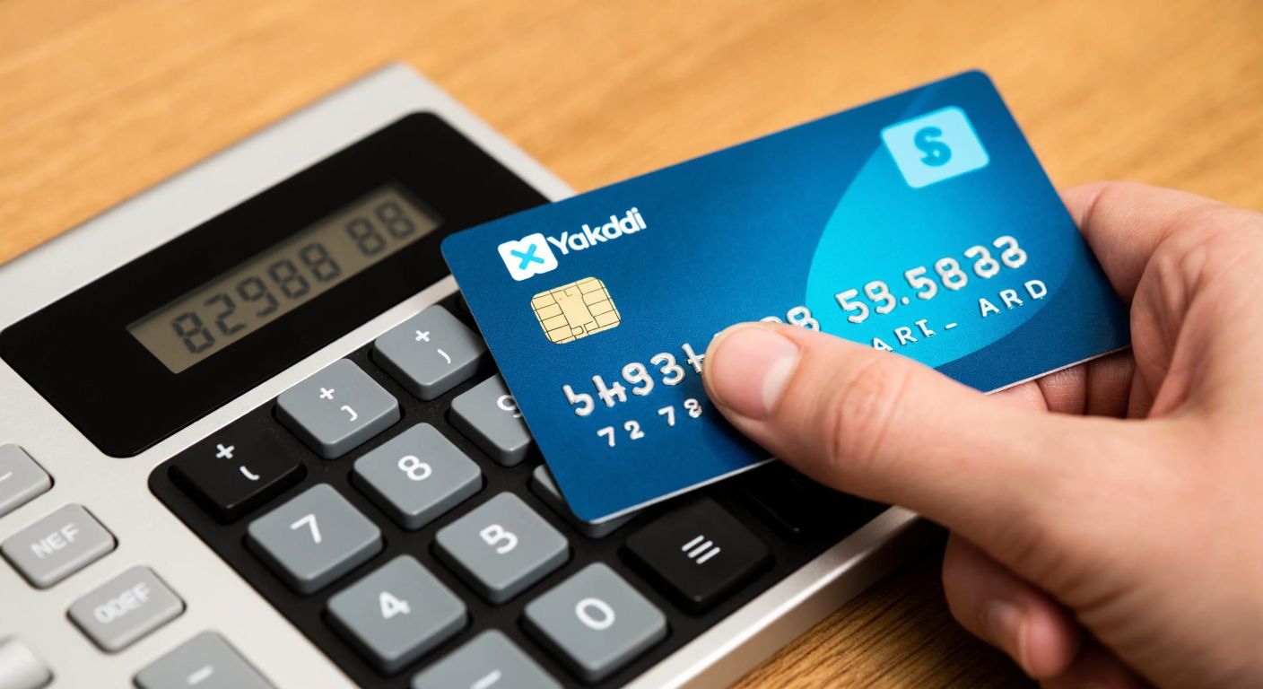 A close-up of a person's hand entering digits on a small keypad, with a Yapı Kredi-branded credit card placed beside it, conveying focus and security.