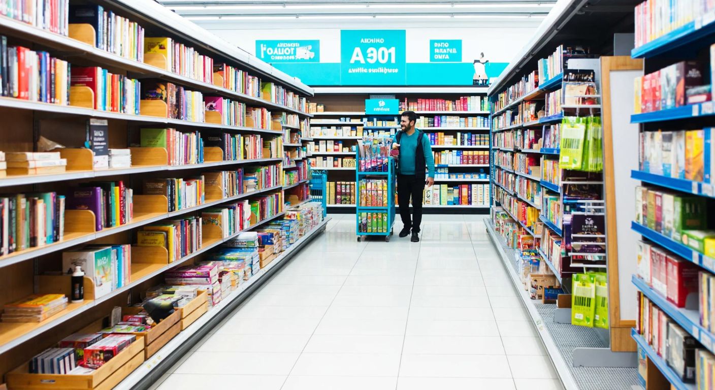 A brightly lit A101 supermarket aisle in Turkey, with neatly arranged wooden and metal bookshelves of various styles, filled with colorful books, and a smiling customer examining one of the shelves.