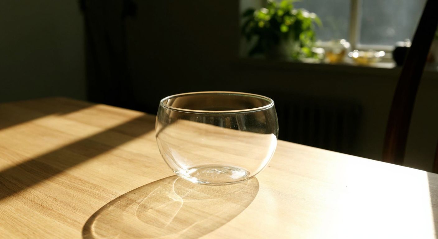 A clear, double-walled borosilicate glass bowl from the "Cesar" series sits on a wooden table in a cozy Turkish home, reflecting soft sunlight through its transparent layers.