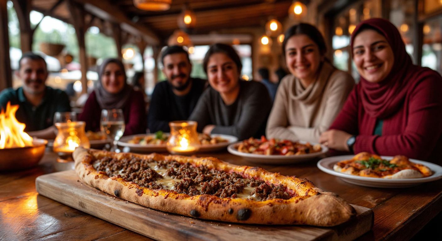 A warm, golden-brown pide fresh from a stone oven, topped with melted cheese and minced meat, sits on a wooden table surrounded by smiling Turkish families sharing the dish in a cozy, lantern-lit eatery.