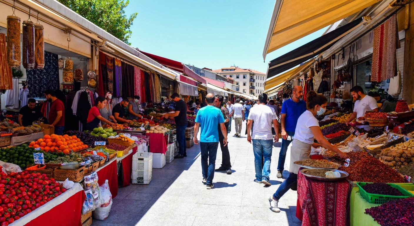 A bustling open-air market in Izmir with colorful stalls of fresh produce, textiles, and spices under a bright sun, where vendors in casual attire serve customers on a lively Friday morning.