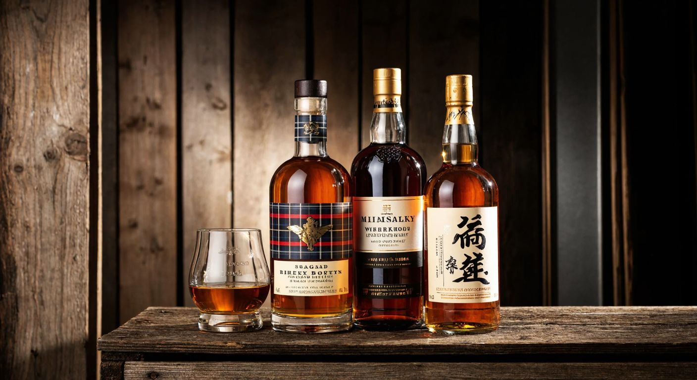 A rustic wooden table holds three distinct whiskey bottles—one with a tartan label (Scotland), another with a bold American bourbon design (Kentucky), and a sleek Japanese bottle (Yamazaki)—bathed in warm amber light, evoking craftsmanship and global tradition.
