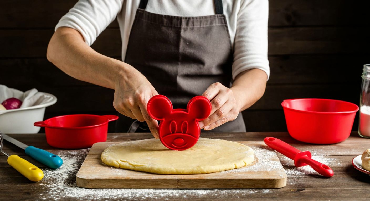 A cheerful Turkish baker in a flour-dusted apron presses a red plastic Minnie Mouse-shaped cookie cutter into golden dough on a wooden table, surrounded by colorful baking tools.