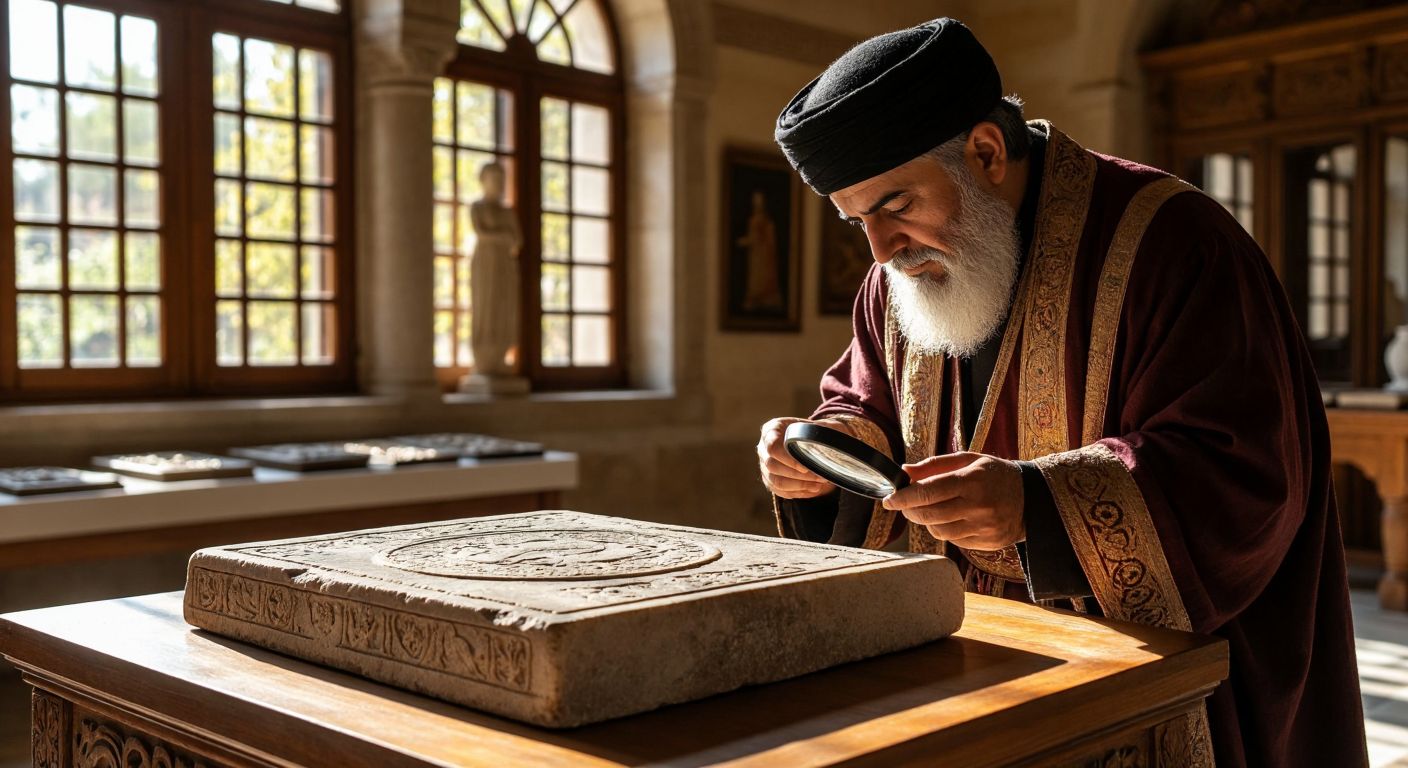 A weathered stone tablet with ancient carvings rests on a wooden table in a sunlit Turkish museum, while a scholar in traditional attire examines it closely with a magnifying glass.
