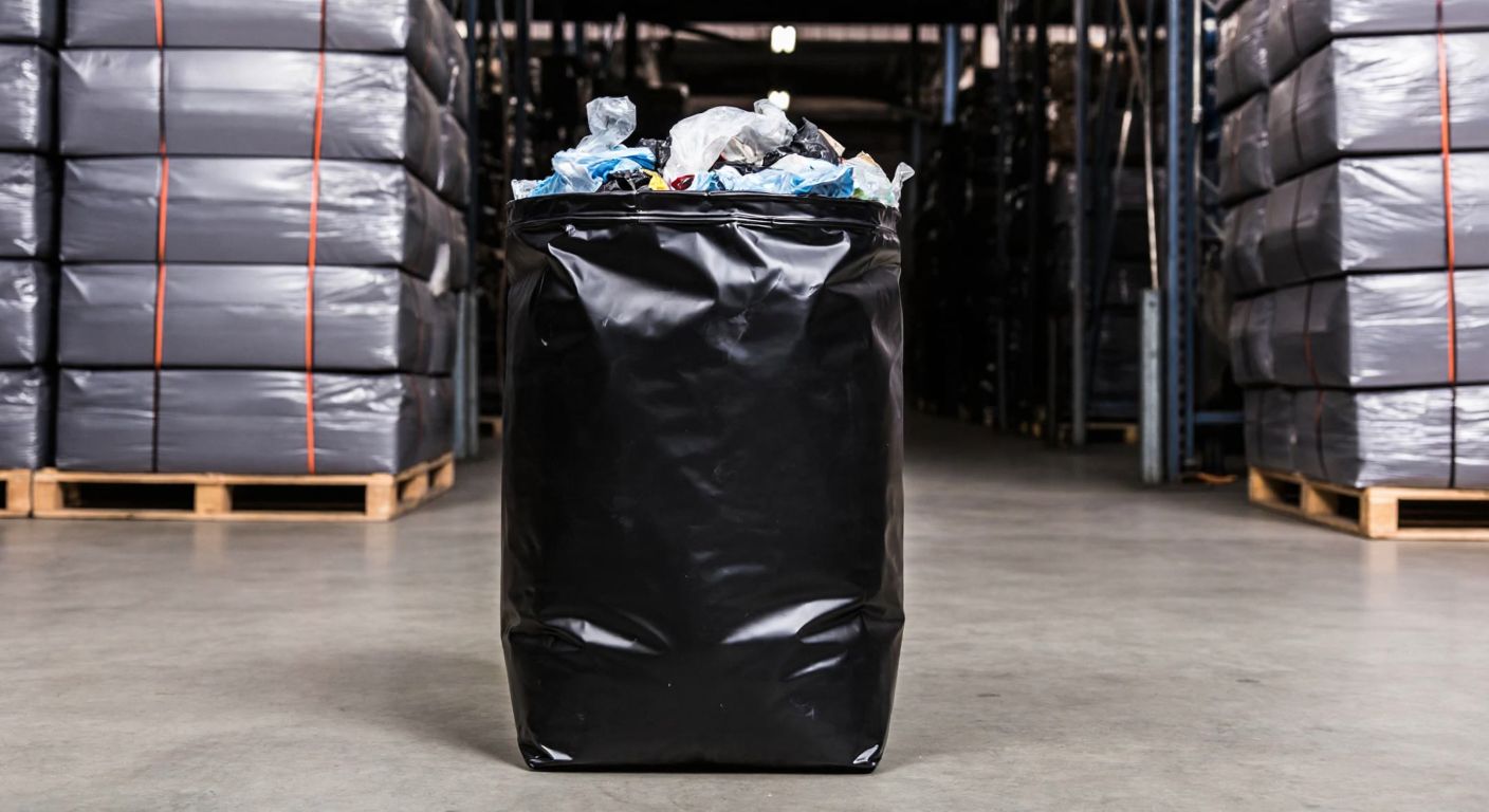 A sturdy black industrial trash bag filled with heavy waste, resting on a concrete floor in a dimly lit Turkish warehouse, with stacks of similar folded bags in the background.