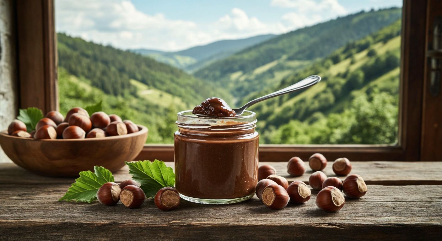A rustic wooden table in a cozy Turkish kitchen holds a jar of Üçtat hazelnut spread with a spoon dipped in it, surrounded by fresh hazelnuts and a view of lush green Giresun hills through the window.