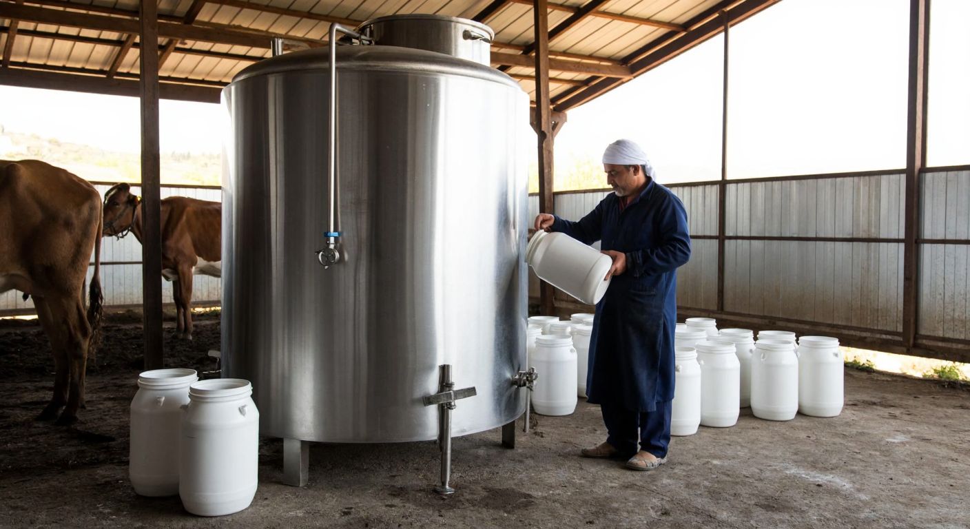 A large stainless steel milk cooling tank stands in a rural Turkish dairy farm, surrounded by fresh milk cans and a farmer in traditional attire checking the temperature.