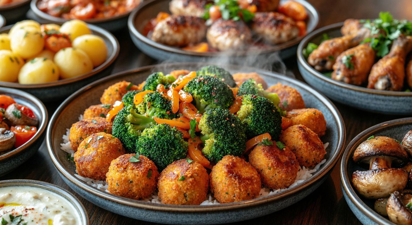 A vibrant Turkish dining table with a steaming plate of orange-glazed broccoli surrounded by small dishes of creamy mushroom potatoes, golden kadınbudu köfte, crispy chicken wings, and a fresh erişte salad, all bathed in warm, inviting light.