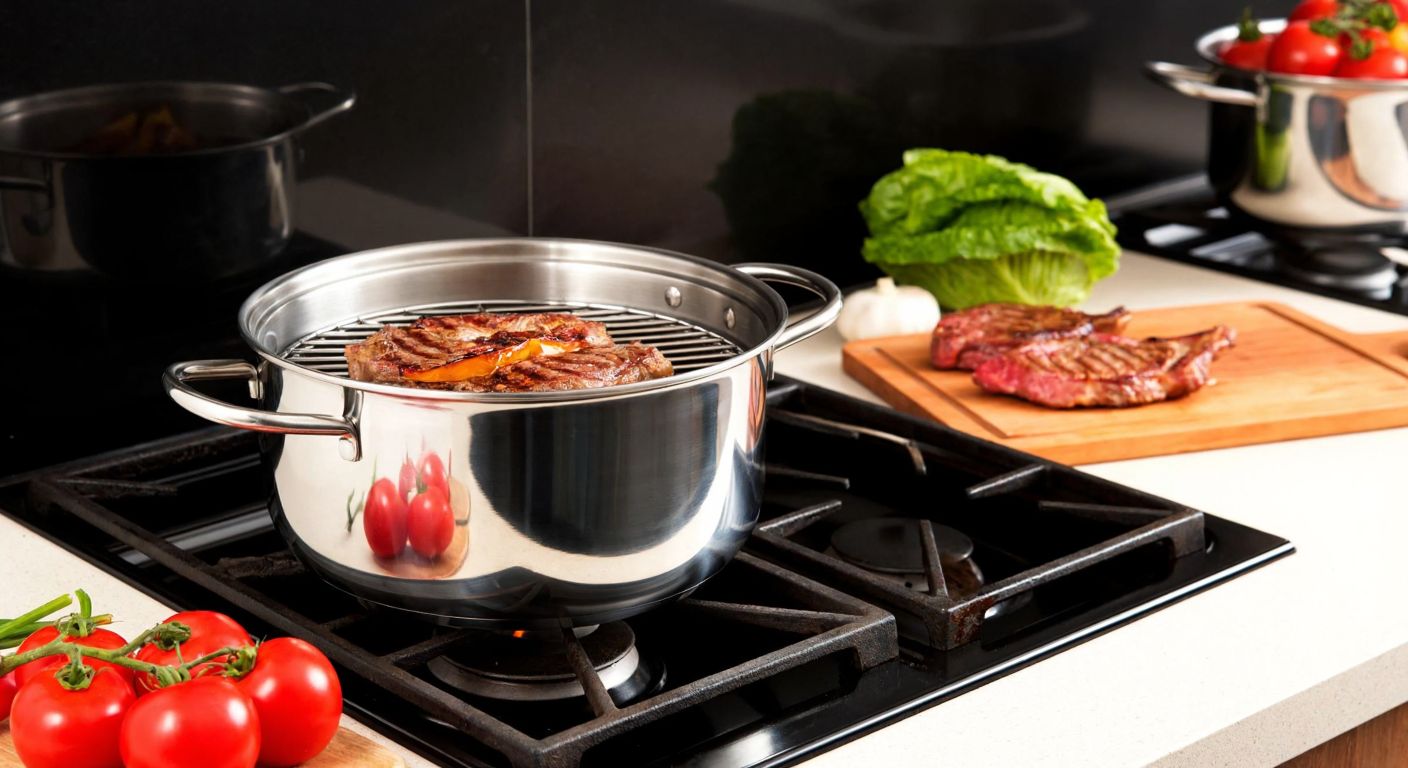 A gleaming stainless steel pot with a grill insert sits on a stovetop, surrounded by fresh vegetables and sizzling meat, evoking the warmth of a Turkish kitchen.