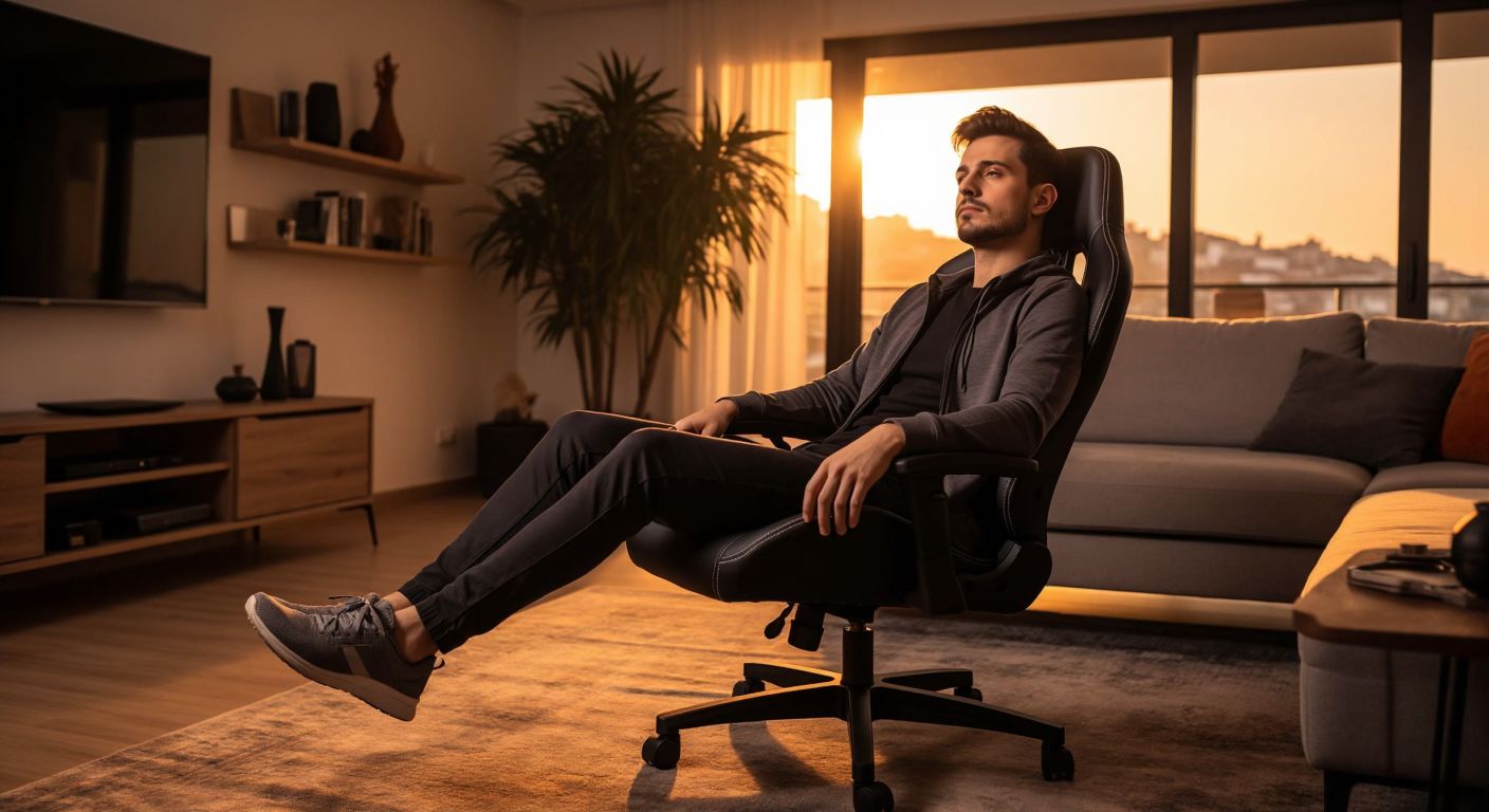 A sleek black gaming chair with ergonomic design sits in a modern Turkish living room, bathed in warm light, conveying comfort and durability while a person leans back with a relaxed yet slightly uncertain expression.