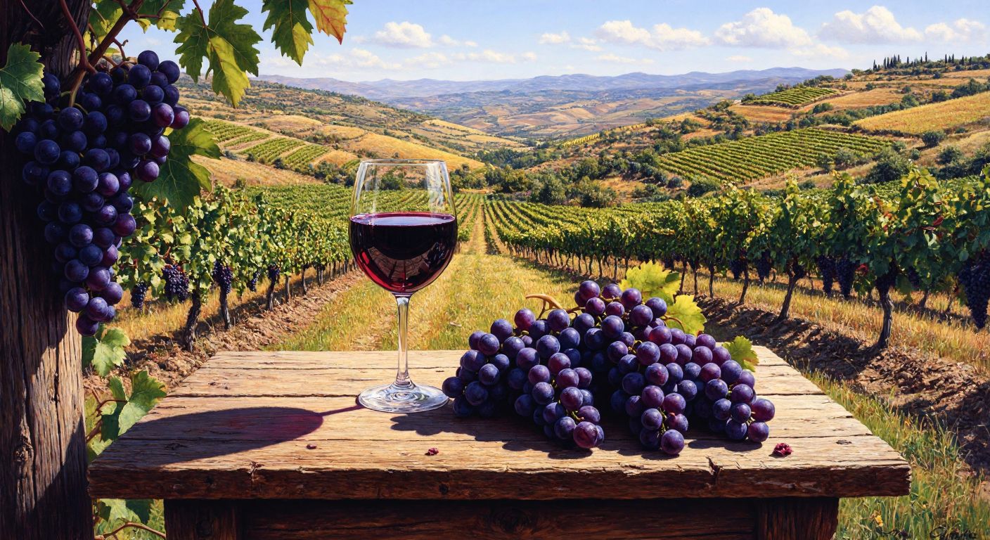 A rustic wooden table in a sunlit Turkish vineyard holds a glass of deep red wine next to clusters of ripe Pinot Noir, Cabernet Sauvignon, and Merlot grapes, with rolling vine-covered hills in the background.