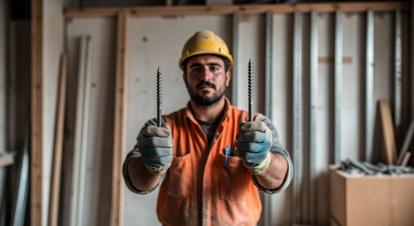 A Turkish construction worker in a dusty workshop holds three distinct drywall screws—pointed, drill-tip, and acoustic—against a backdrop of gypsum boards and metal studs.