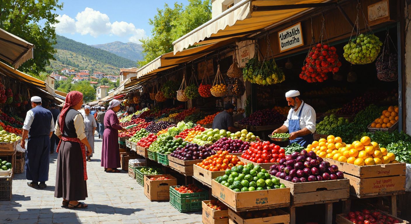 A bustling Turkish marketplace in Kumluca, with vendors weighing fresh produce on old-fashioned scales, farmers in traditional attire negotiating prices, and crates overflowing with vibrant fruits and vegetables under a bright Mediterranean sun.