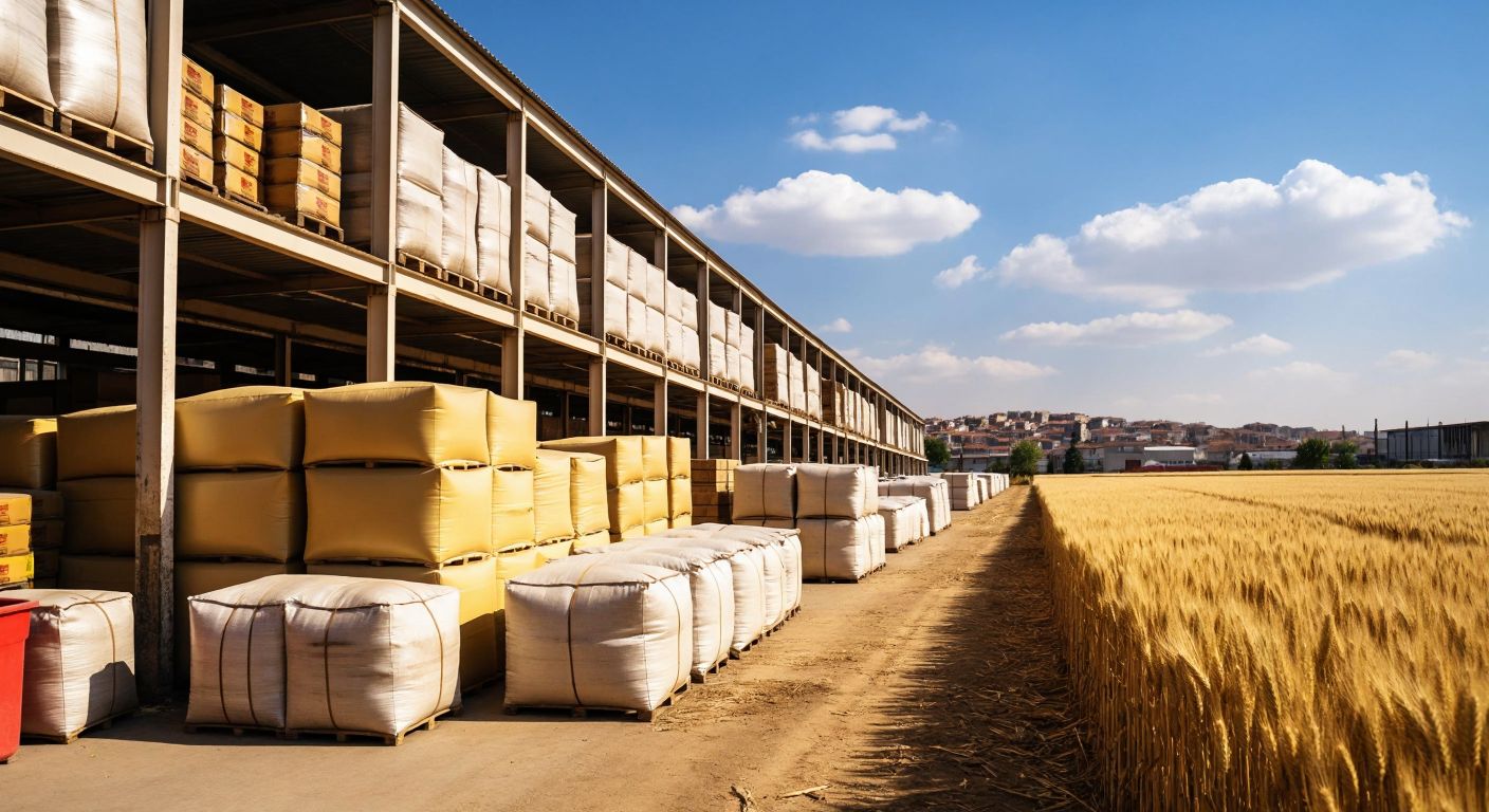 A bustling Istanbul warehouse stacked with wholesale food and cleaning supplies next to a sunny Kahramanmaraş wheat field with golden grain sacks ready for export.