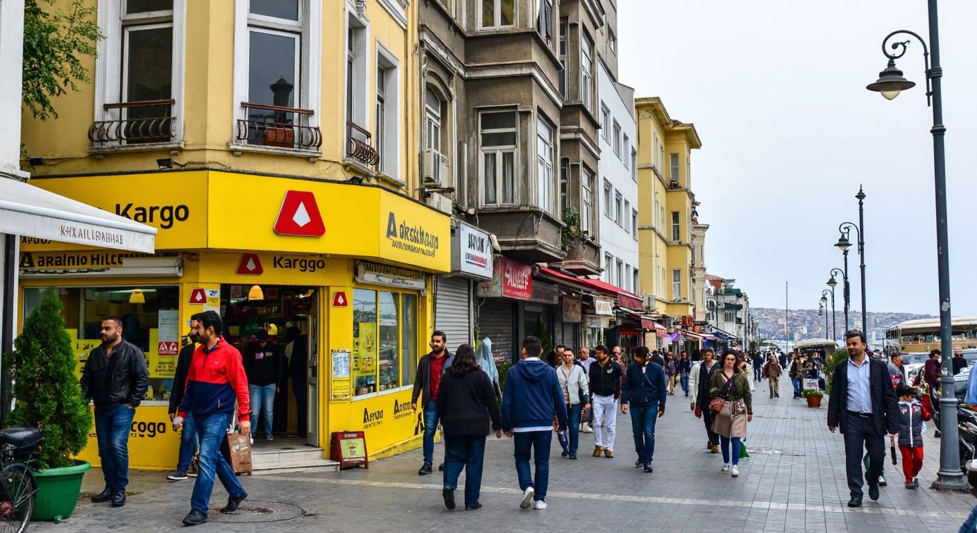A bustling street in Kadıköy’s Osmanağa neighborhood, with a bright yellow Aras Kargo storefront nestled among small shops, pedestrians walking by, and the distant shimmer of the Marmara Sea.