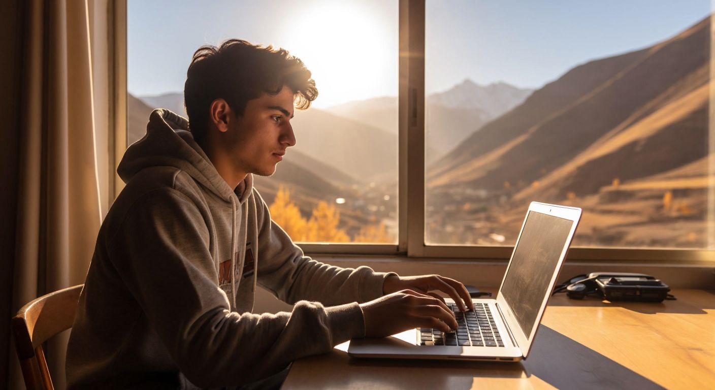 A young student in Şırnak, wearing a university hoodie, sits at a wooden desk with a laptop open, their fingers hovering over the keyboard while sunlight streams through a window overlooking rugged mountains.