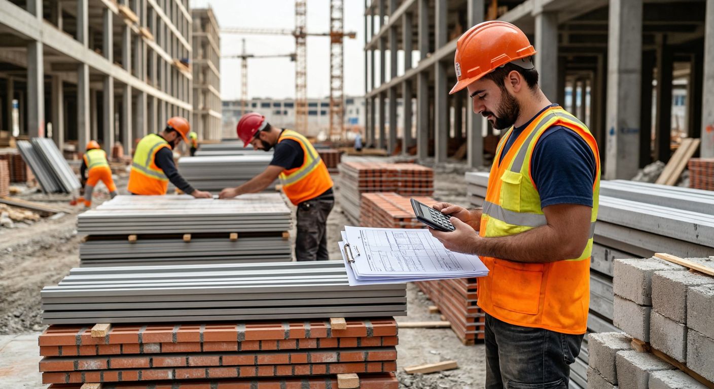 A construction site in Turkey with workers in hard hats measuring blueprints, stacks of materials like bricks and steel beams, and a foreman holding a calculator while reviewing a checklist.
