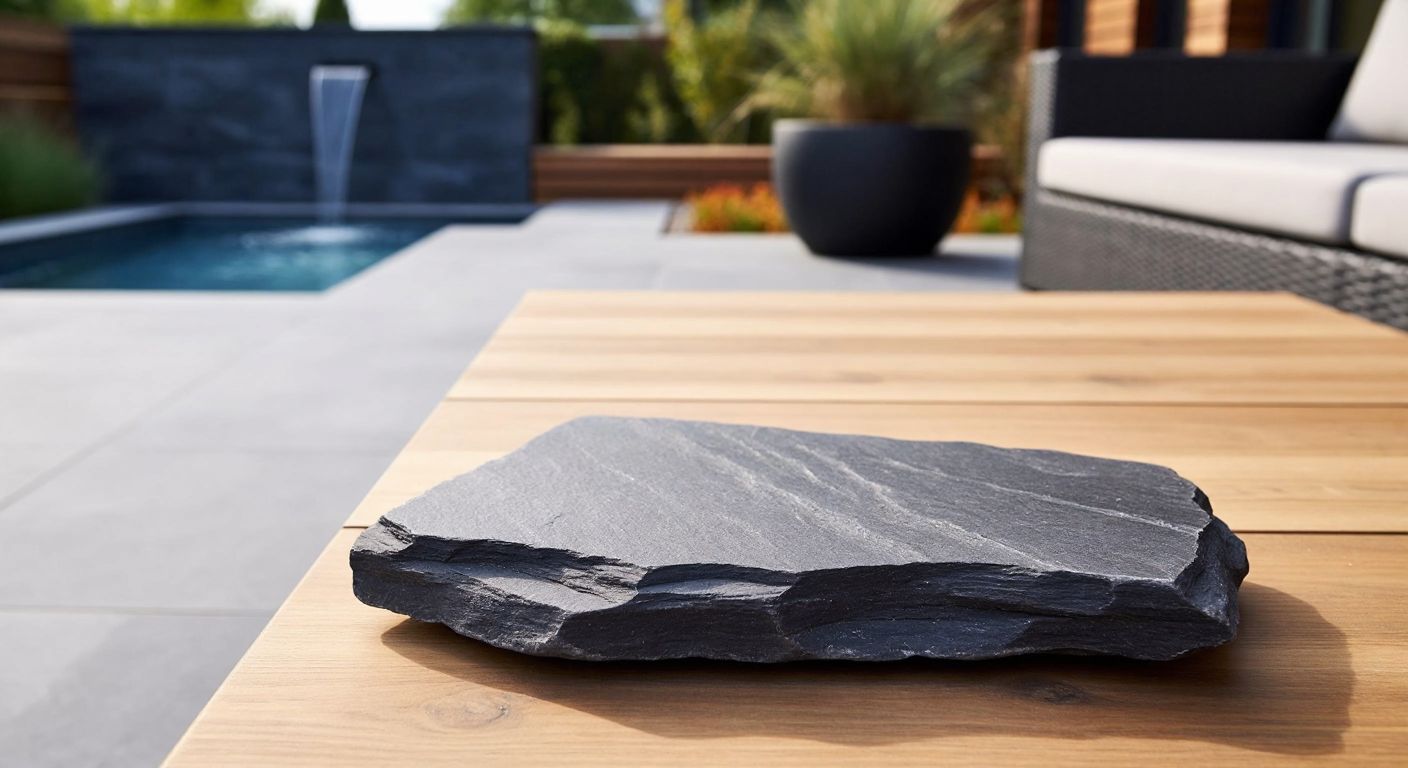 A rugged, dark gray andezit stone slab laid as a durable outdoor walkway in a Turkish courtyard, alongside a smooth, glossy black obsidian stone resting on a wooden table, radiating calmness.