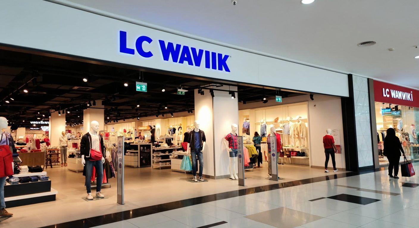 A bustling shopping mall in Eskişehir with a bright LC Waikiki storefront, mannequins displaying casual clothing, and shoppers carrying colorful bags under warm indoor lighting.
