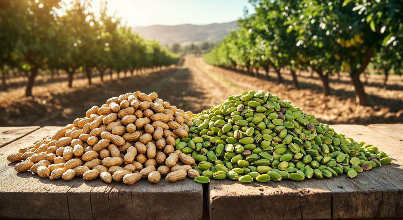 A split-image with golden-brown roasted American peanuts on one side and vibrant green Turkish pistachios on the other, arranged on rustic wooden tables against backdrops of a sunlit Californian orchard and a dusty Şanlıurfa farm.