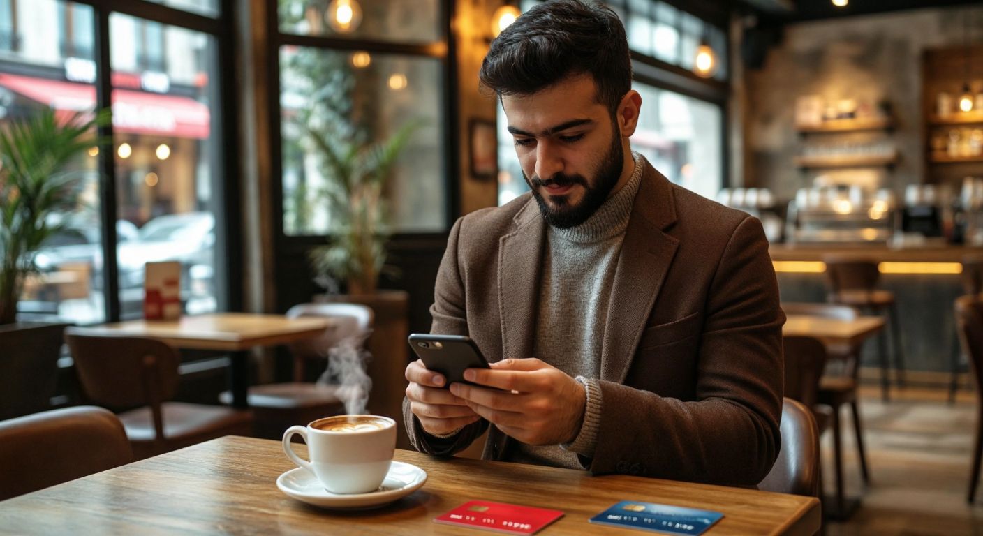 A young Turkish professional in a modern café confidently taps their smartphone, with a DenizBank debit card and a steaming cup of Turkish coffee on the table, symbolizing seamless digital banking.