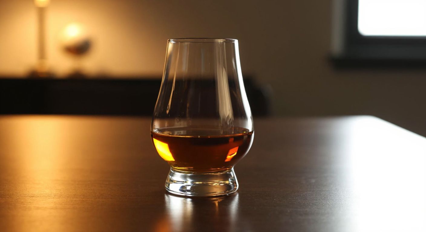 A sleek, amber-filled whiskey glass with a wide base and tapered rim rests on a wooden table in a warmly lit room, evoking a refined tasting experience.
