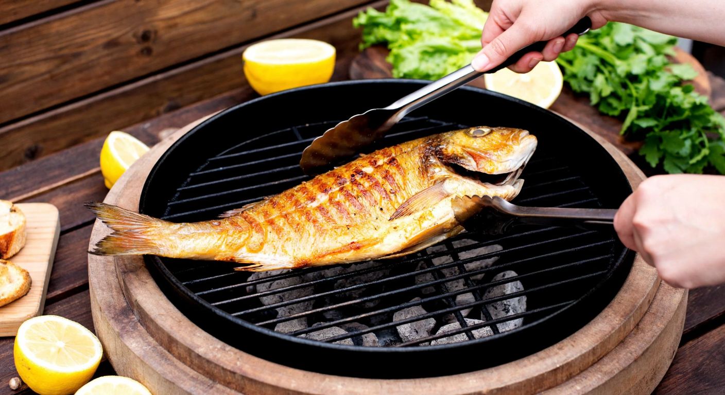A golden-brown fish sizzling on a charcoal grill, with a hand using tongs to flip it, surrounded by fresh lemon slices and herbs on a rustic wooden table by the Bosphorus shore.
