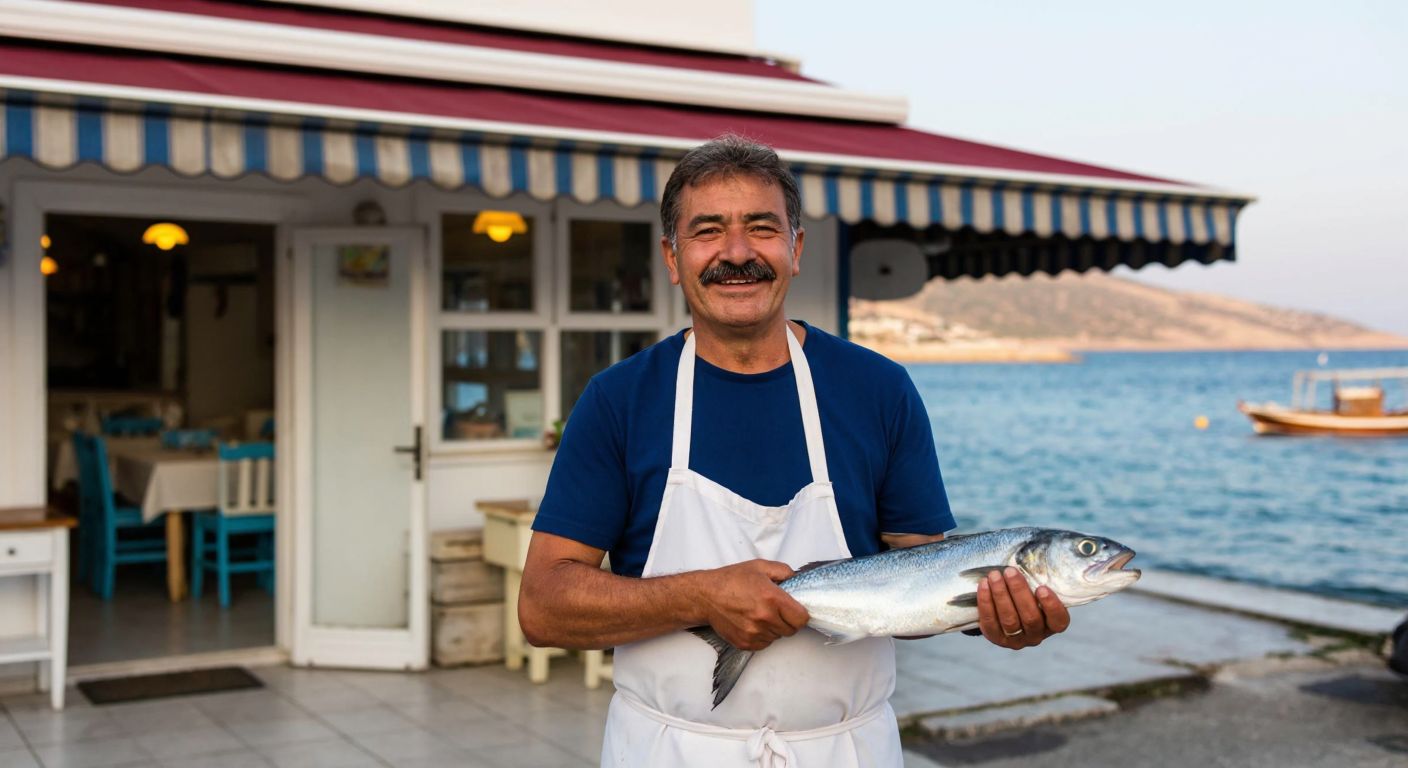 A cheerful middle-aged man with a mustache, wearing a white apron, stands proudly in front of a small seafood restaurant by the Aegean coast, holding a fresh catch of fish.