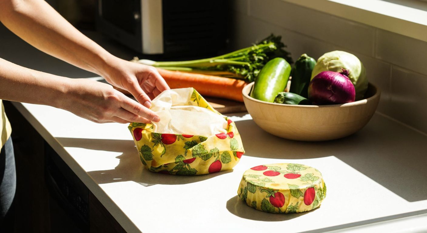 A pair of hands gently washing a reusable beeswax wrap in a sunlit Turkish kitchen, with fresh vegetables wrapped in similar colorful wax cloths nearby.