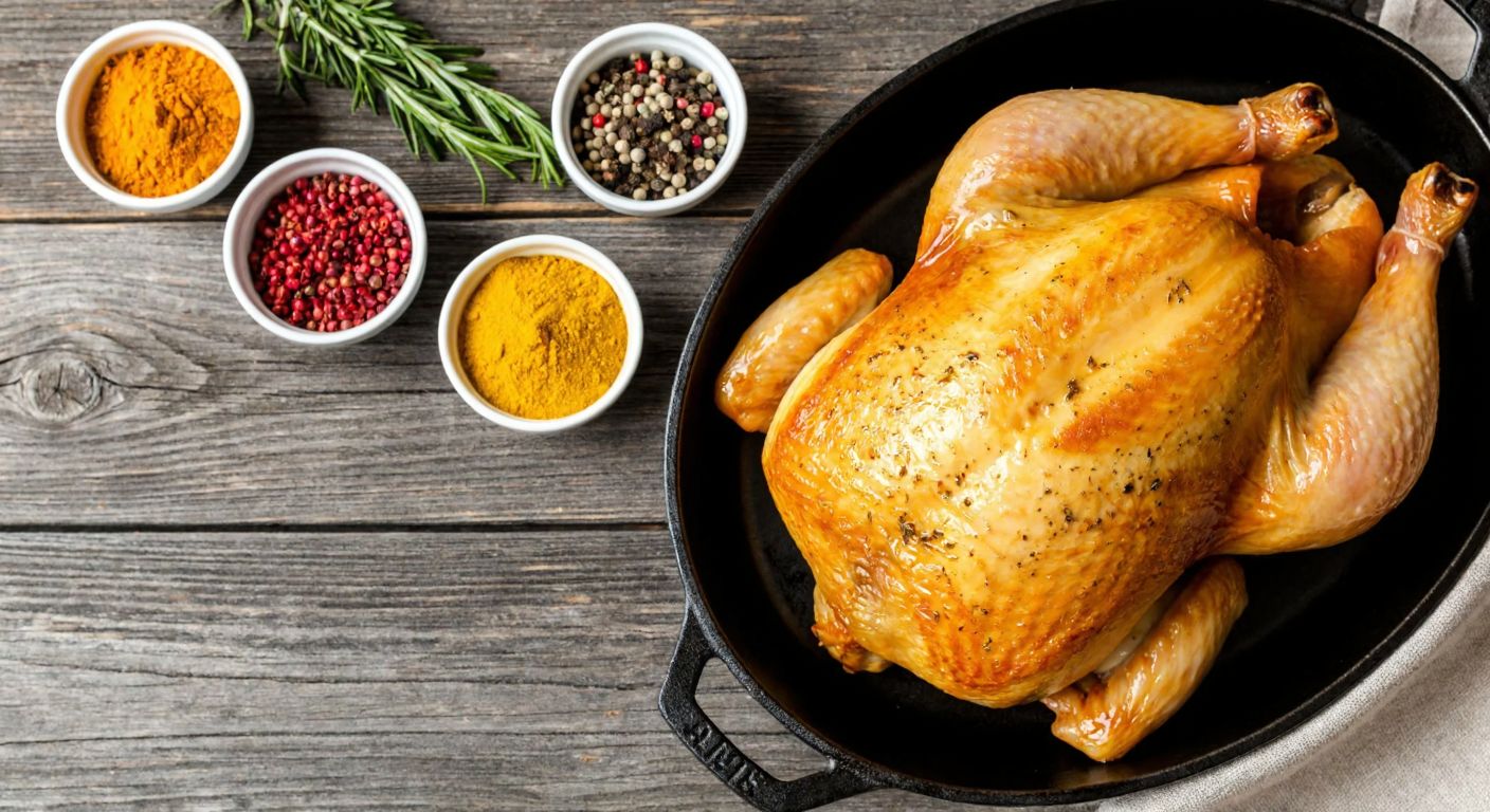 A golden-brown roasted chicken on a rustic wooden table, surrounded by small bowls of aromatic spices like rosemary, curry, red pepper flakes, cumin, thyme, paprika, and black pepper, with steam rising from the dish.