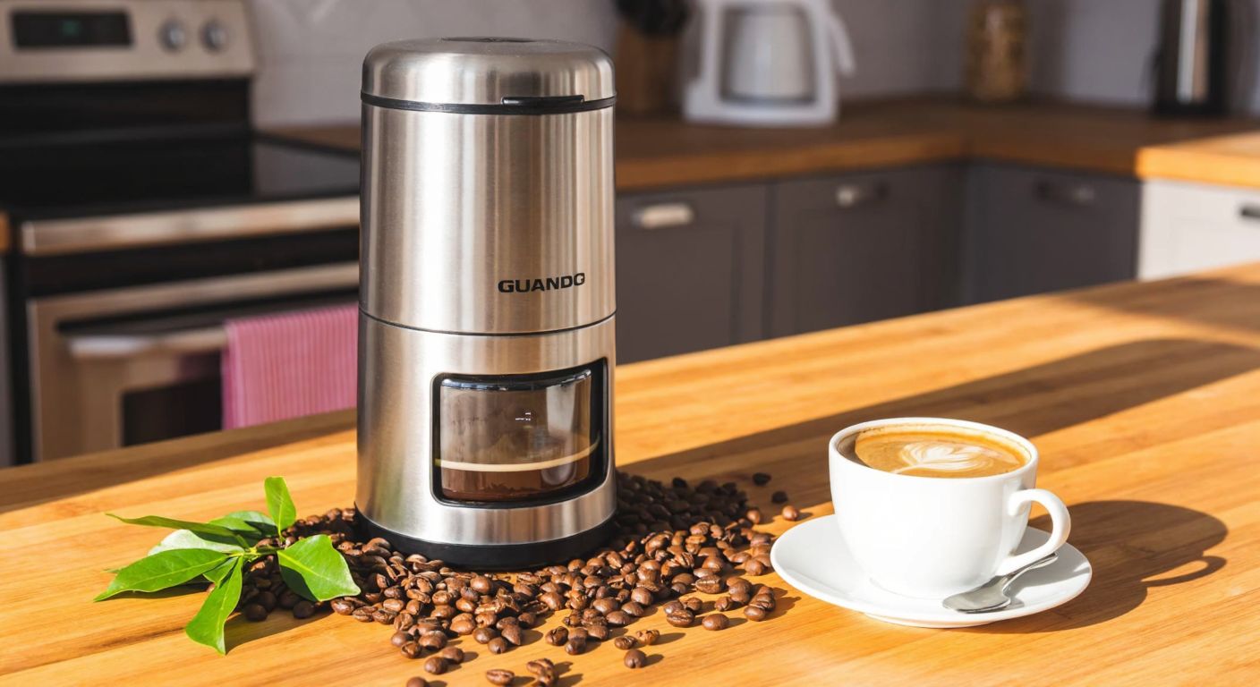 A sleek silver Grundig coffee grinder sits on a wooden kitchen counter in a sunlit Turkish home, surrounded by fresh coffee beans and a steaming cup of Turkish coffee with rich foam.