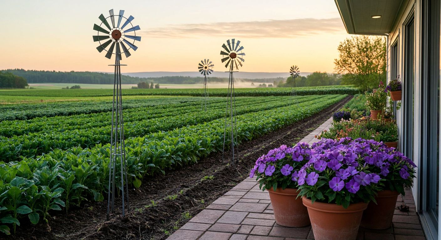 A lush green agricultural field under a cold dawn sky, with tall metal windmill-like frost fans spinning gently to protect rows of crops, while nearby, vibrant purple periwinkle flowers bloom in terracotta pots on a sunlit patio.