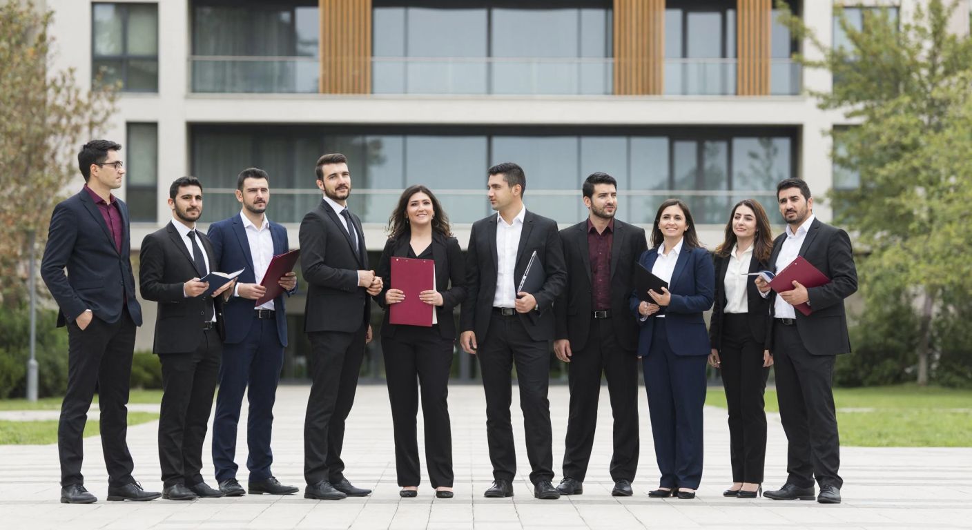 A group of diverse Turkish academics in formal attire standing confidently in front of a modern university building, holding folders and discussing earnestly.