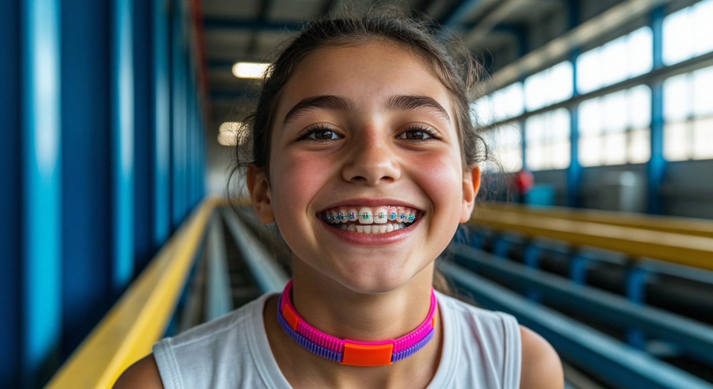 A close-up of a smiling young person in Turkey with colorful orthodontic rubber bands on their braces, a sturdy conveyor belt with a rubber-coated surface in an industrial setting, and a neatly wrapped elastic bandage around an athlete's sprained ankle.