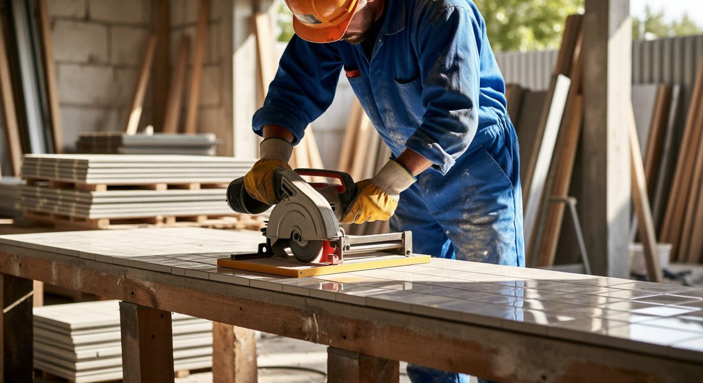 A construction worker in a blue jumpsuit and safety gloves carefully operates an electric tile cutter on a ceramic tile in a sunlit workshop, with neatly stacked tiles and tools in the background.