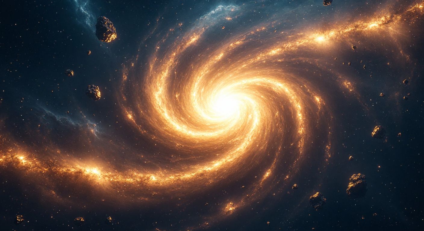 A glowing, dense neutron star with swirling cosmic dust and vibrant energy waves, surrounded by scattered gold and platinum fragments in the vast darkness of space.