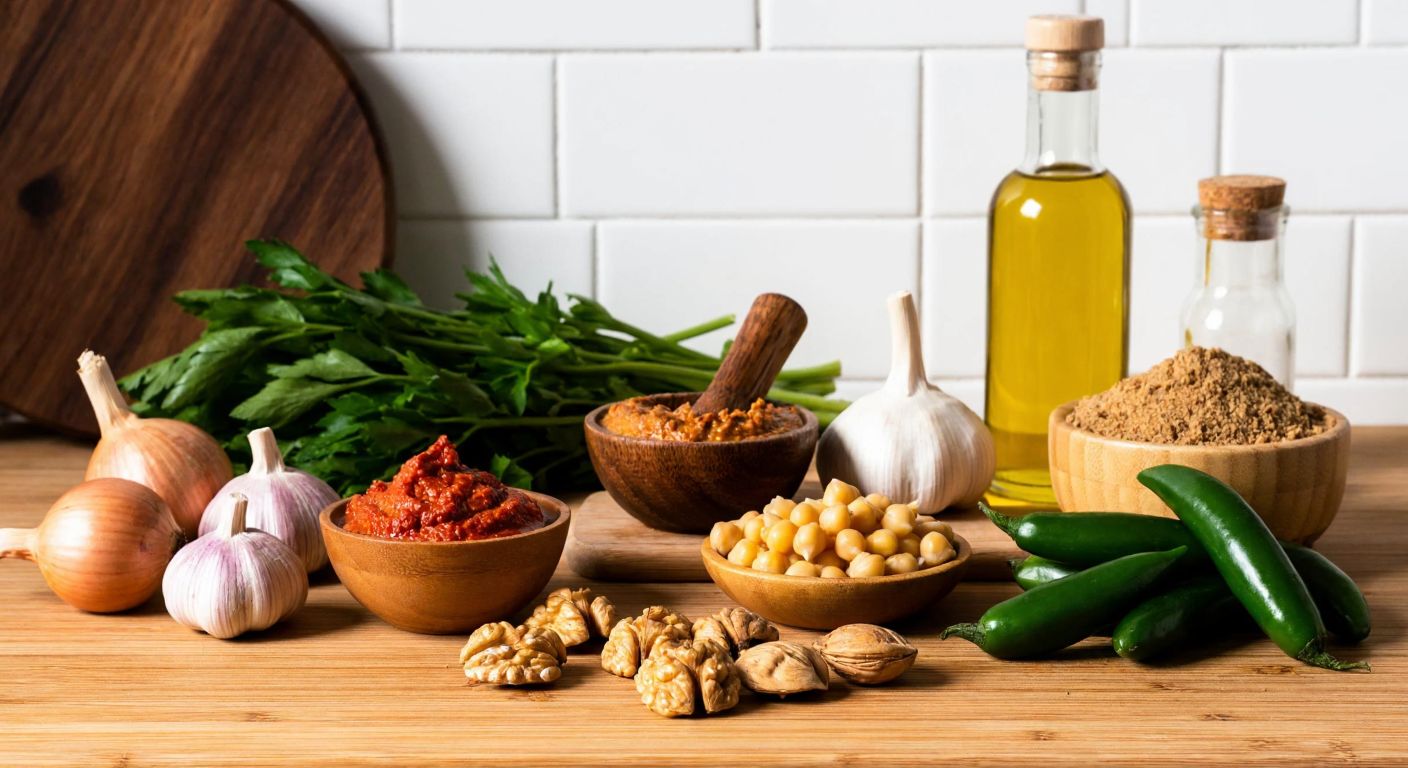 A warm Turkish kitchen with a wooden countertop displaying fresh ingredients—whole walnuts, yellow chickpeas, garlic cloves, tahini, and olive oil—arranged around a mortar and pestle, evoking the preparation of traditional muhammara.