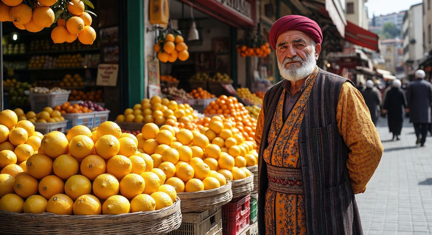 A vibrant Turkish marketplace with colorful stacks of oranges and lemons, symbolizing "tür/çeşit," while a proud elderly man in traditional attire represents "soy/kök," surrounded by diverse faces reflecting shared heritage.