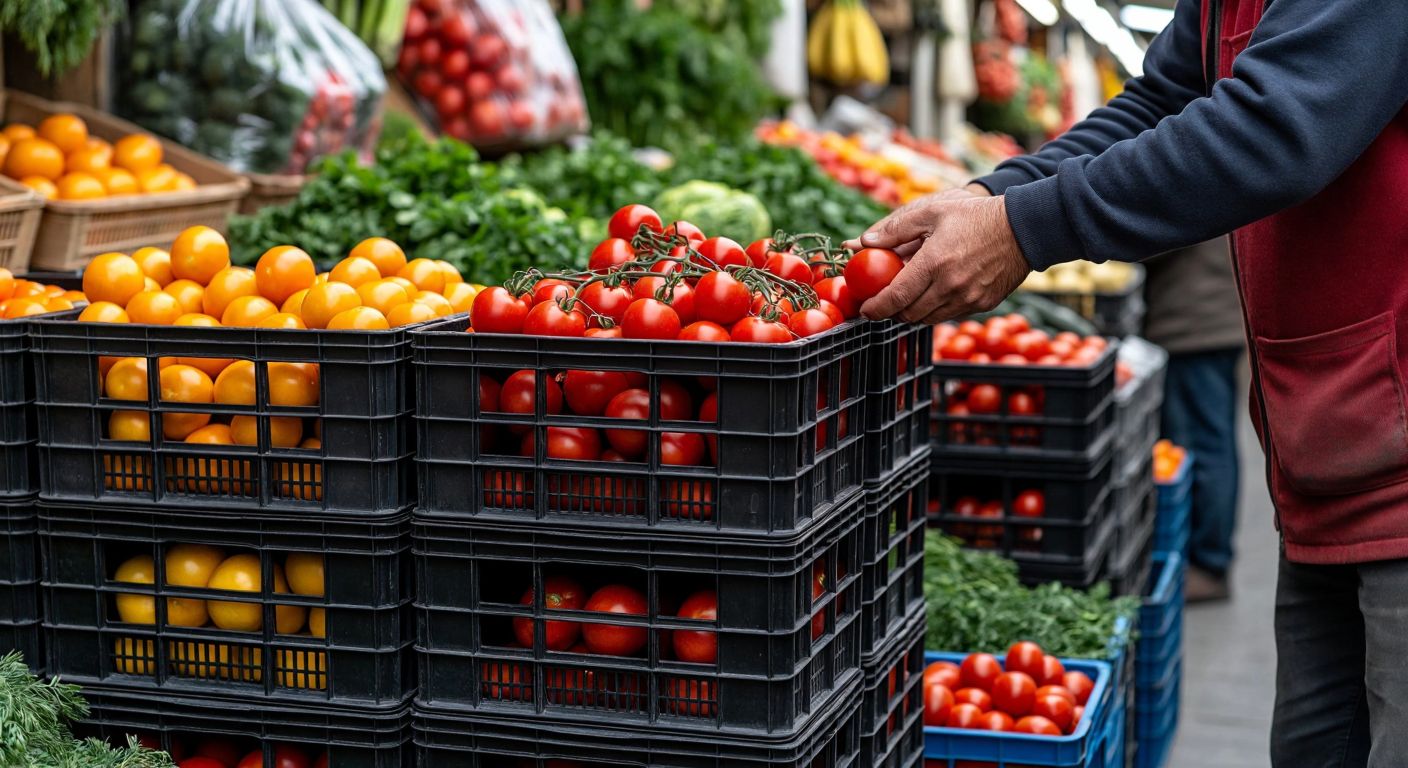 A stack of sturdy, side-lidded plastic crates filled with fresh produce and hardware items, neatly arranged in a bustling Turkish marketplace, with a vendor carefully placing tomatoes into one.