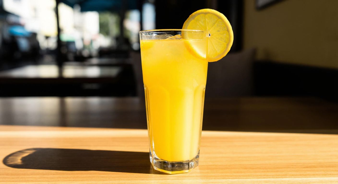 A tall, frosty glass filled with a vibrant orange-yellow citrus drink, garnished with fresh lemon and orange slices, resting on a sunlit wooden table in a Turkish café.