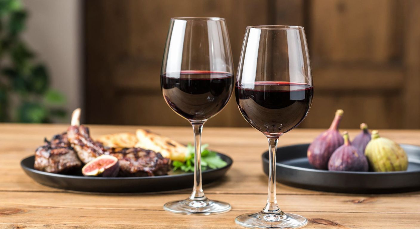 A rustic wooden table in a cozy Turkish setting holds two elegant wine glasses—one filled with deep red sweet wine (Senfoni Tatlı Kırmızı) and the other with a rich dry red (Senfoni Sek Kırmızı), accompanied by a plate of grilled lamb and ripe figs, evoking warmth and refined taste.