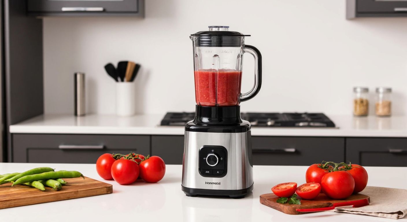 A sleek Homend blender sits on a modern Turkish kitchen counter, surrounded by fresh ingredients like tomatoes and peppers, with the Karaca logo subtly reflected on its stainless steel surface.