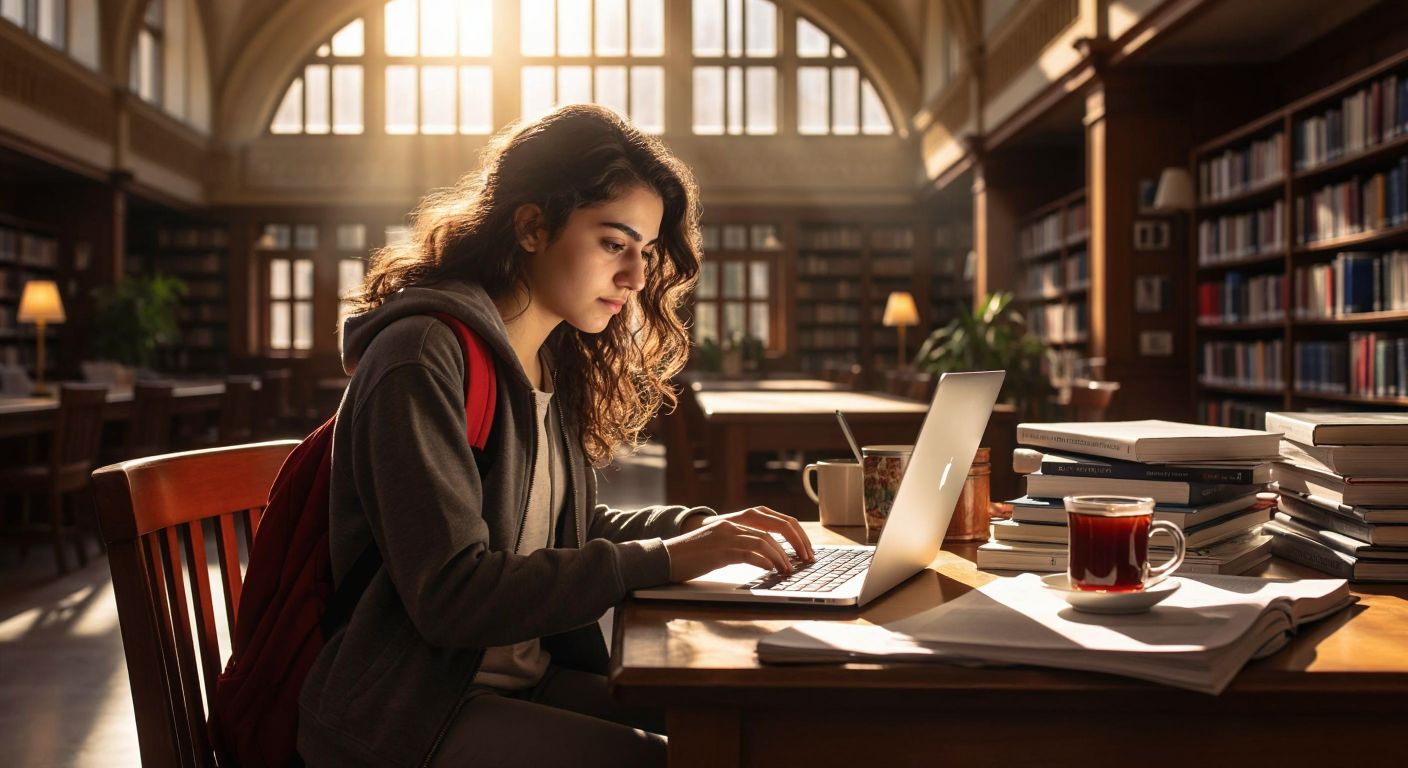 A young Turkish student sits at a wooden desk in a sunlit university library, intently browsing a laptop with a focused expression, while a stack of course catalogs and a steaming cup of Turkish tea rest beside them.