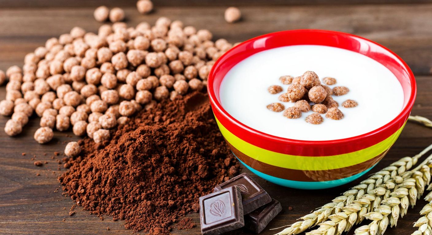 A colorful bowl of Kellogg's Coco Pops with milk, surrounded by scattered cocoa powder, wheat grains, and a few chocolate pieces on a wooden table in a Turkish kitchen.