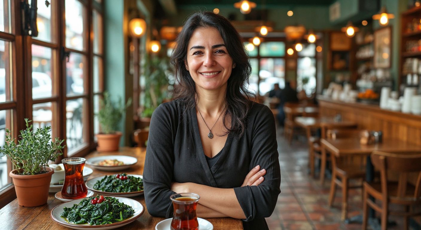 A smiling middle-aged Turkish woman with dark hair stands proudly in a cozy café filled with warm light, surrounded by plates of traditional spinach dishes and steaming cups of Turkish tea.