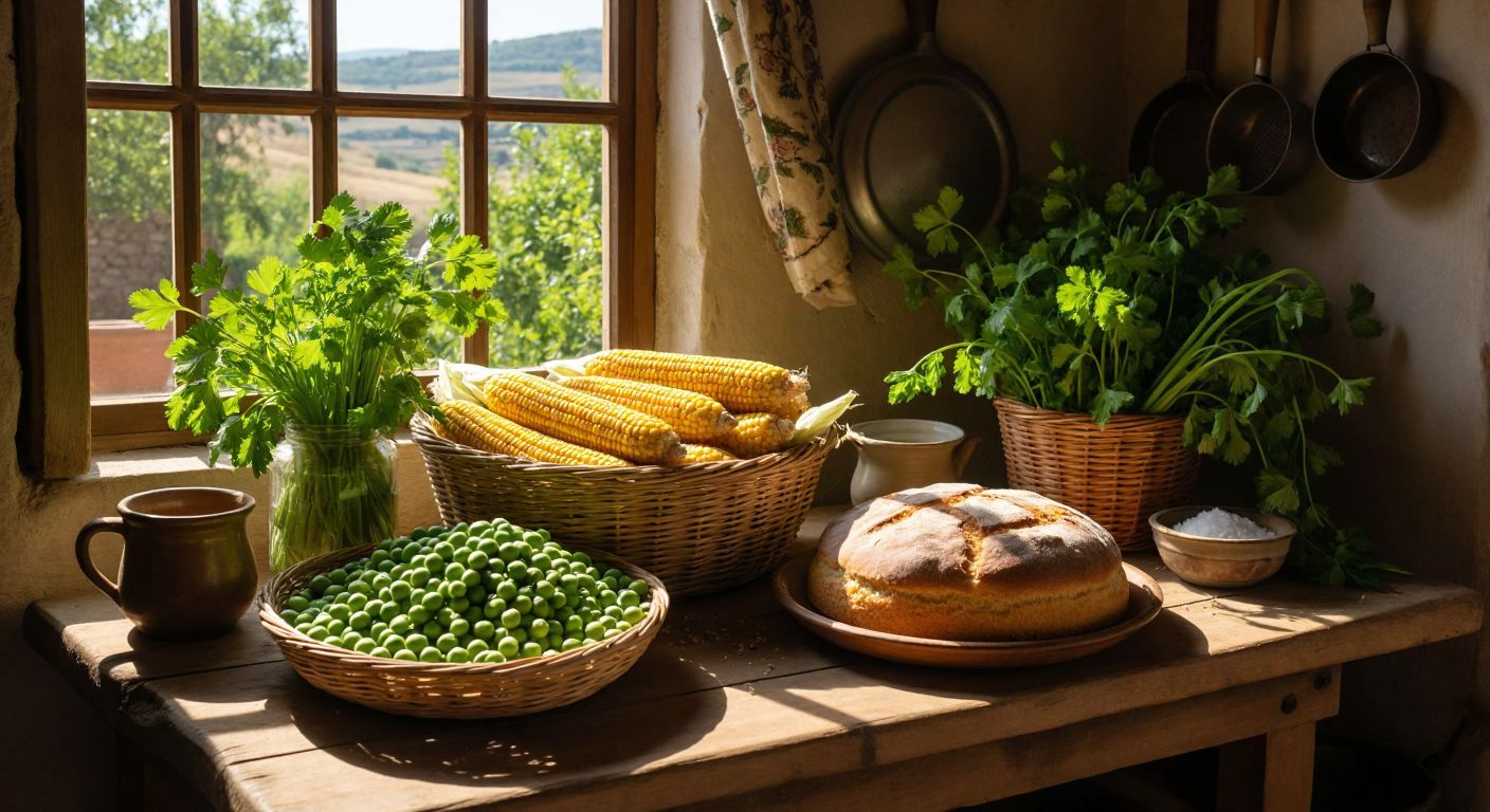 A rustic wooden table in a sunlit Anatolian village kitchen holds a basket of golden corn cobs, a small bunch of wild parsley, fresh green peas in a woven tray, and a round loaf of cornbread fresh from the hearth.