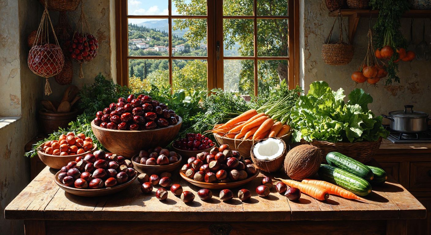A vibrant wooden table in a Turkish kitchen displays fresh dates, jujubes, hawthorn berries, coconuts, hazelnuts, carrots, cucumbers, and chicory, bathed in warm sunlight.