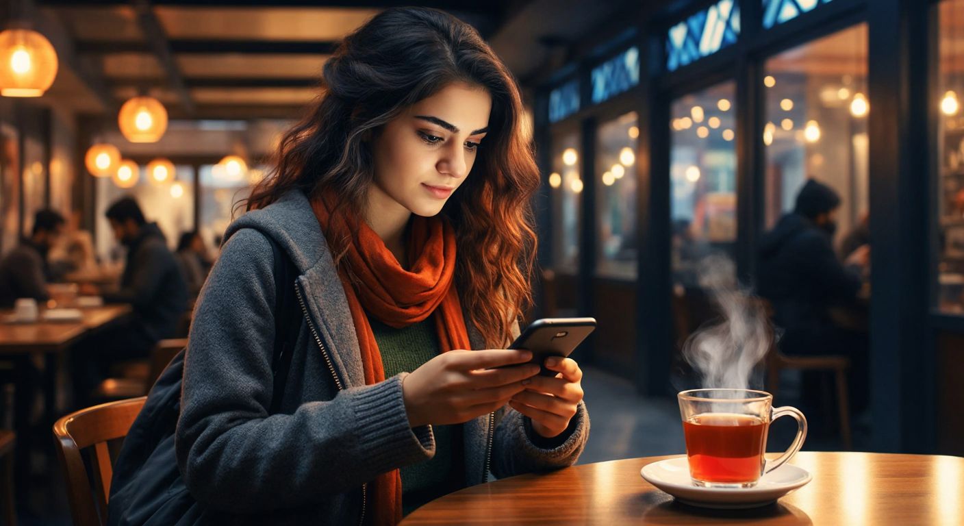 A young Turkish woman in a modern café confidently taps her smartphone screen while a small Halkbank logo sticker glints on the device, with a steaming cup of Turkish tea beside her.