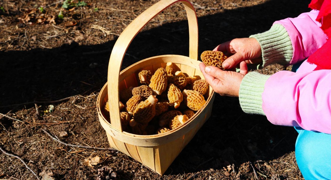 A rustic wooden basket filled with golden-brown morel mushrooms, resting on a sunlit forest floor near Çorum, with a hand in traditional Turkish attire gently picking one.